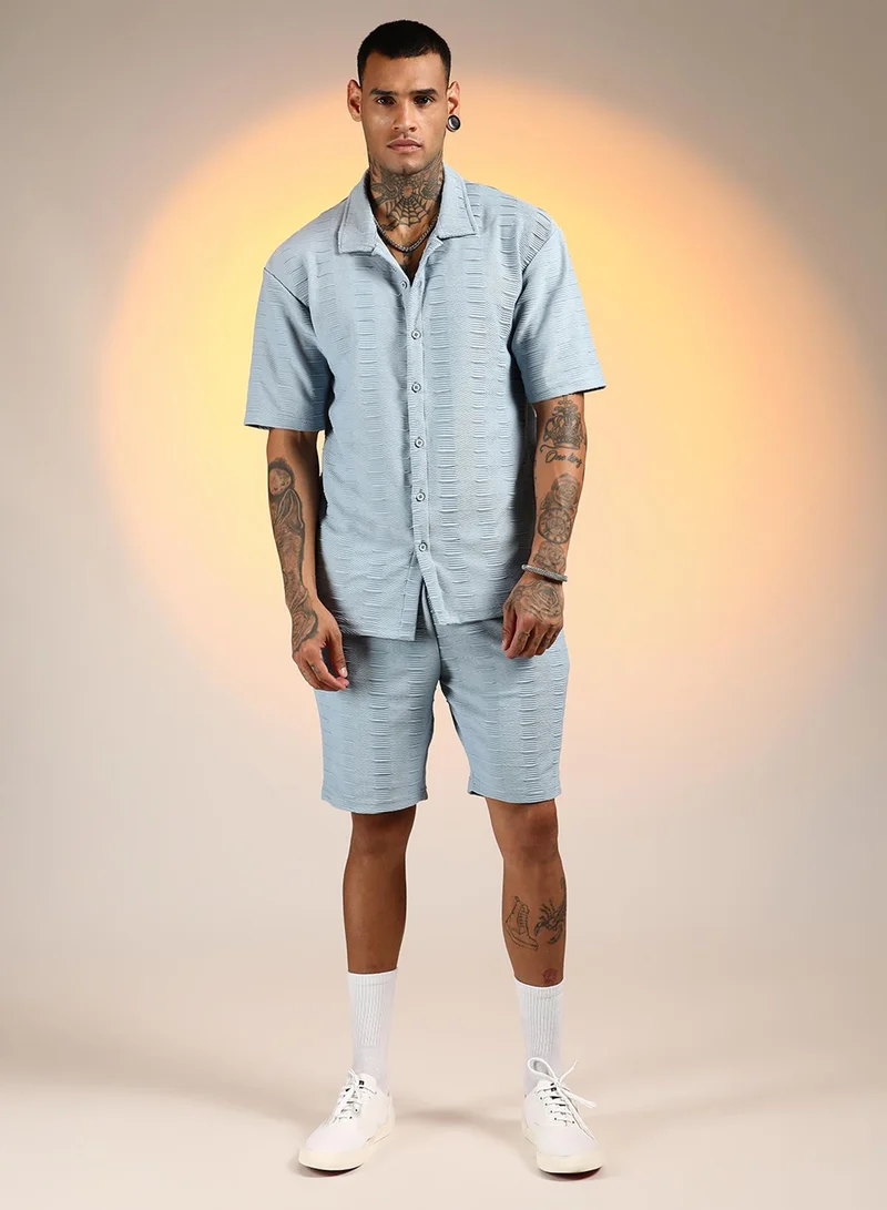 Campus Sutra Men's Powder Blue Ruche-Ribbed Co-Ord Set For Casual Wear | Spread Collar | Short Sleeve | Button Closure | Co-Ords Crafted With Comfort Fit For Everyday Wear